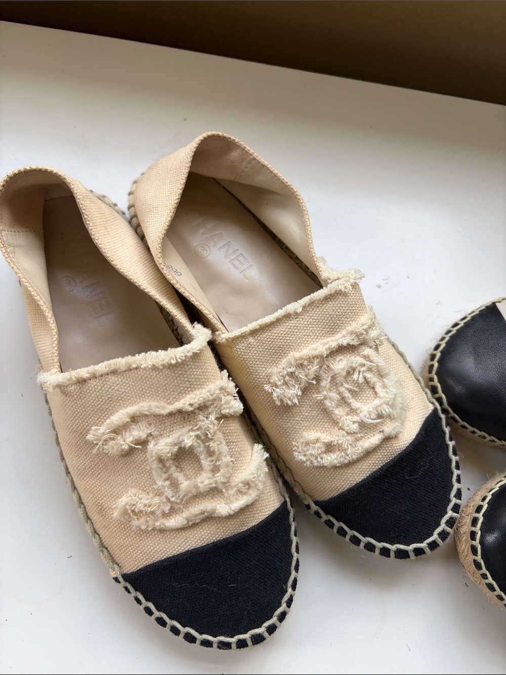CHANEL Beige and Black Canvas Espadrille Slip-Ons